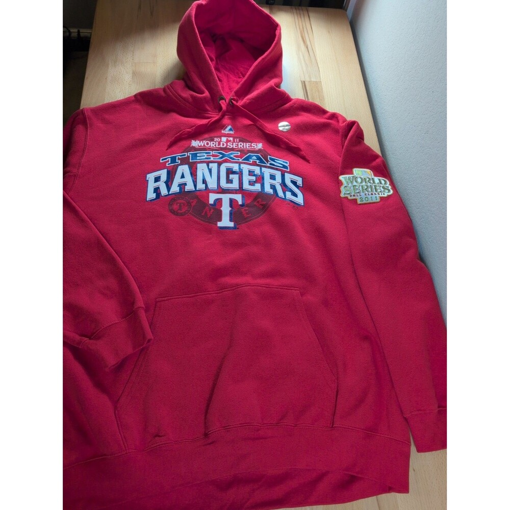 Majestic Texas Rangers 2011 World Series MLB Red Hoodie Size 2XL NWT